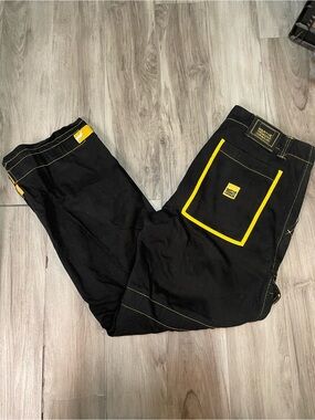 VTG Marithe Francois Girbaud Black Yellow Shuttle Strap Pants Baggy Y2K
